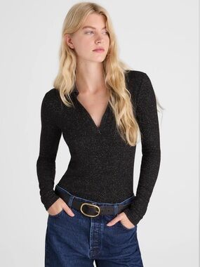 Madewell Black Metallic Ribbed V-Neck Sweater Top